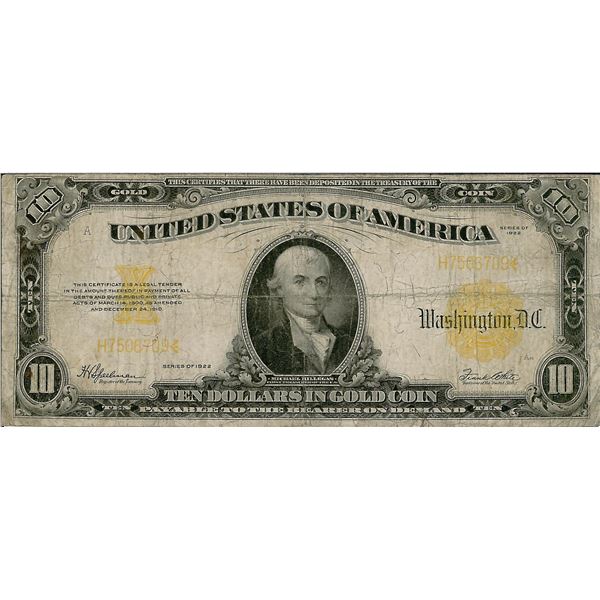 1922 $10 Gold Certificate Bank Note