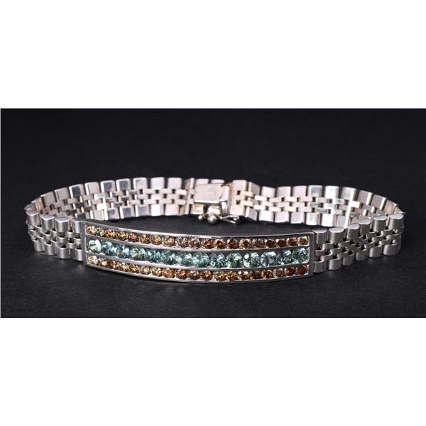 18K White Gold Cognac Diamond & Greenish Blue Sapphire ID Bracelet by Carlo Rici