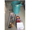 Image 1 : Rubbermaid Brut Waste Can w/ Landscape Tools: Shovel, Rake, Axe, etc