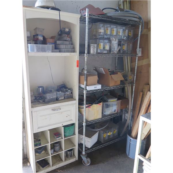 Qty 2 Shelving Units & Contents: Hardware, Hose, Parts, etc