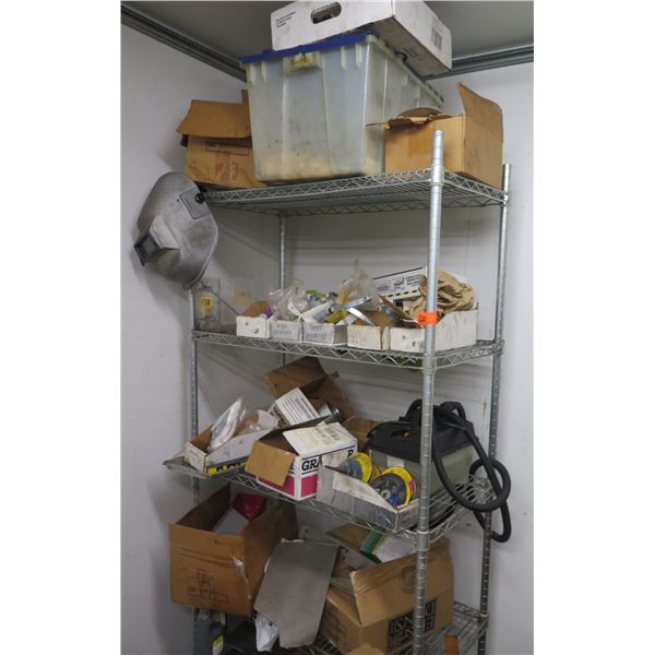 Metal Mesh Rolling 4-Tier Adjustable Shelf & Contents: Hardware, Parts, etc