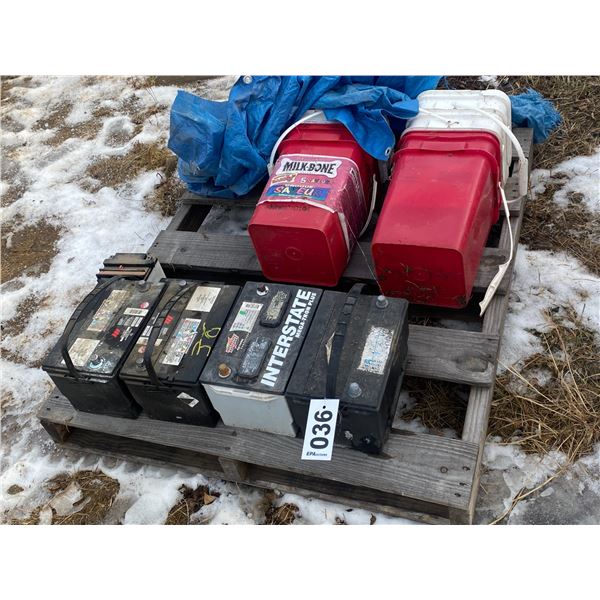 4- Big & 2- small batteries, scrap; Plastic pails