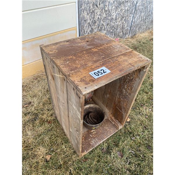Wood crate 33" x 21-1/2" x 21-1/2"; Cast iron pot, horse shoes
