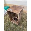 Image 2 : Wood crate 33" x 21-1/2" x 21-1/2"; Cast iron pot, horse shoes