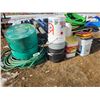 Image 1 : 2 horse mineral tubs; various length garden hose; 5 gallon plastic pails - square plastic pails; 5 g