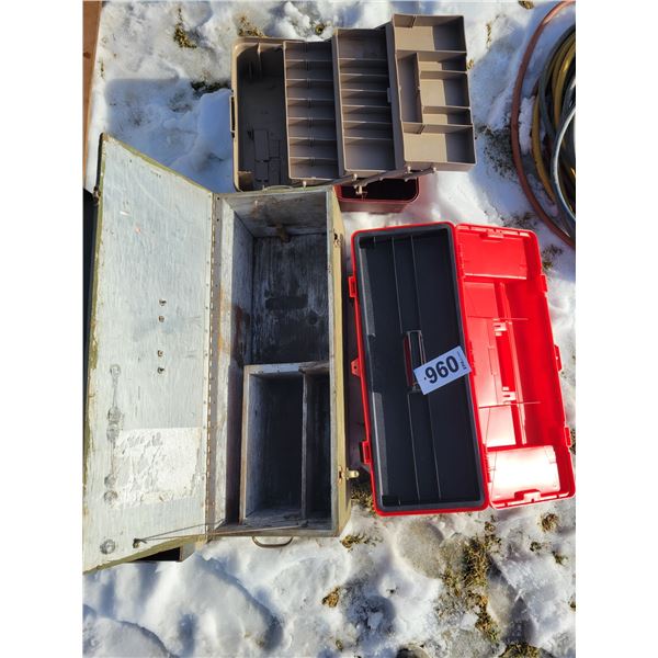 Plastic tool box 9" x 25"; metal tool box 8" x 31"; wood box set up for chain saw 9" x 28"; tackle b