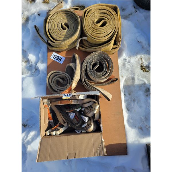 Quantity 1" nylon straps, different lengths; 2 nylon slings 2" x 20'; 2 nylon slings 1-1/2" x 20'; 3