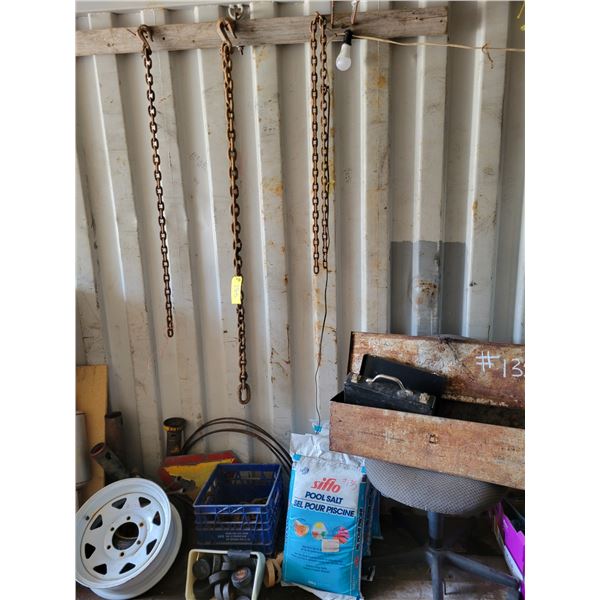 Tool boxes, pool salt, 6-hole rim, misc. chain, muffler, hockey pucks, shackles & chair