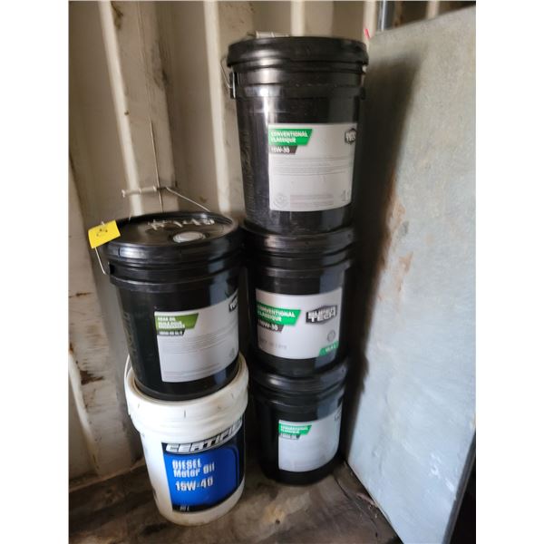 5-gallons of gear oil, unopened. 5-gallons of 15W-40 diesel motor oil, full; three 5-gallons of  15W