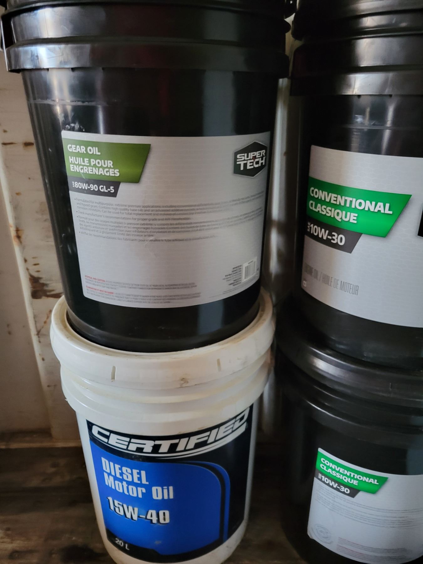 5-gallons of gear oil, unopened. 5-gallons of 15W-40 diesel motor oil ...