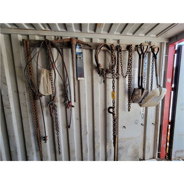 Hand shovels; 2 picks; steel cable with hooks; chocker cable; numerous length chains