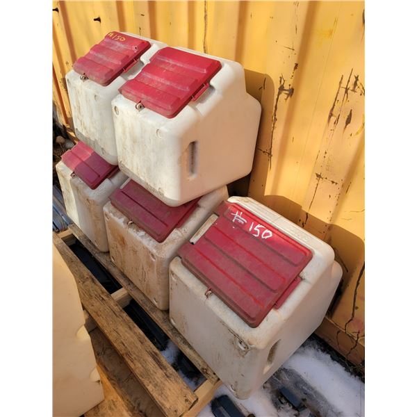 6 plastic bins: 4 large, 2 medium