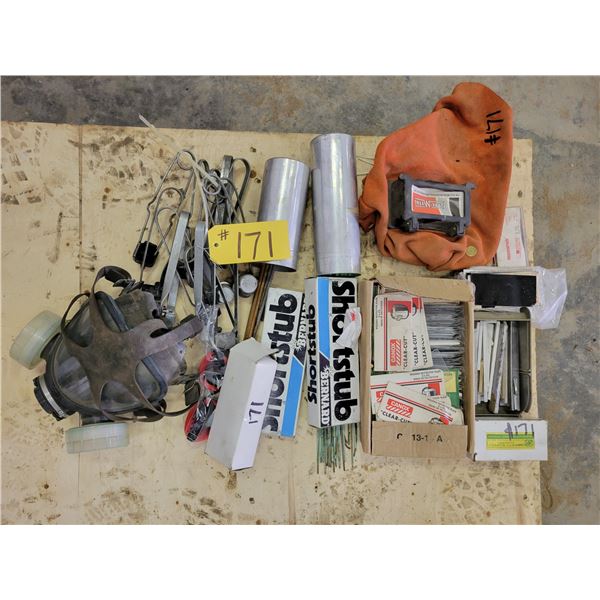 Welding rods; face mask - leather face mask; strikers; 2 rod holders; dark goggles; soap stones; wel