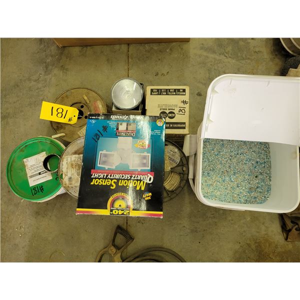 14 - 2 house wire; motion light; bucket of salt; container flooring adhesive; lights