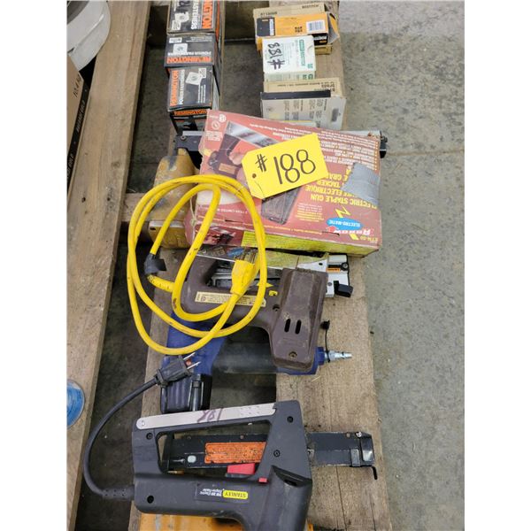 1 air nailer, staples & nails; 2 air pin nailers; 3 electric staplers