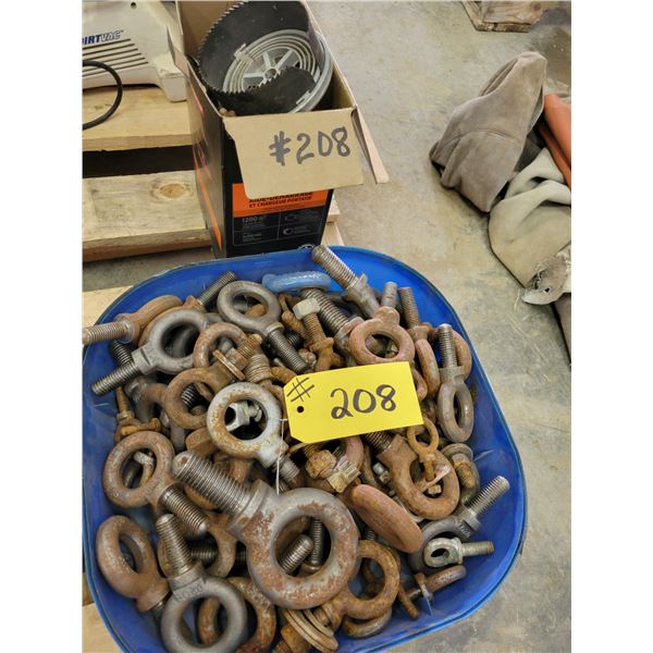 Numerous eye bolts, different sizes; hole saw blade; drill bits