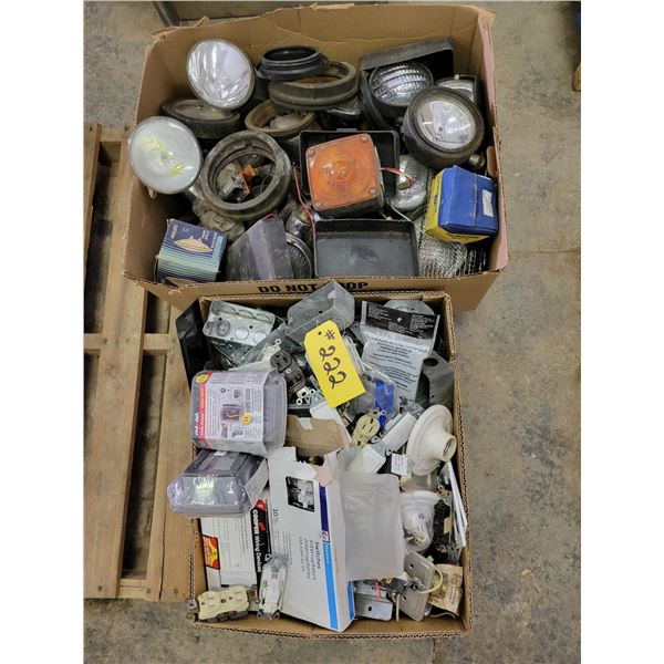 Large amount of electrical components: plugs, light switches, plug guards, etc.; numerous headlights