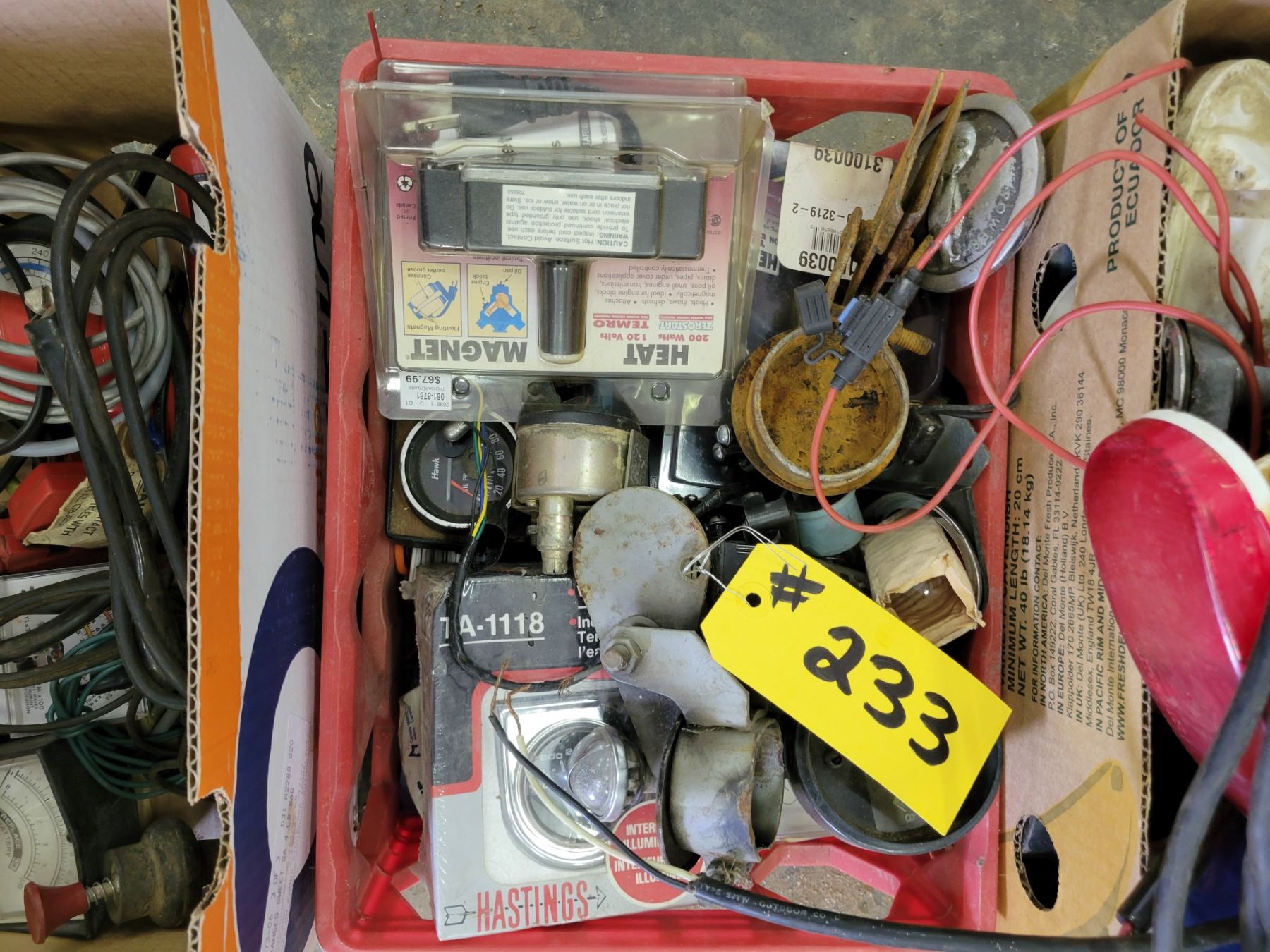 Numerous amounts trailer lights; auto gauges switches; SnapOn timing light; vacuum gauges