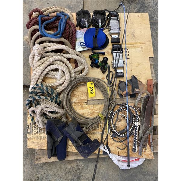 Horse equipment; lead ropes; lasso; leg warmers; 2 new lead lines; hoof boots; easy mount stirrups; 
