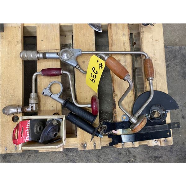 2 drill braces; angle grinder guards & wrenches, Misc.