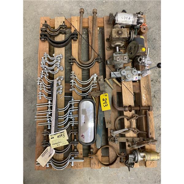 Pipe hangers; mirror; hydraulic control valve, new; pumps, condition unknown