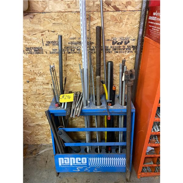 Steel rack with hardware; plastic container; misc.
