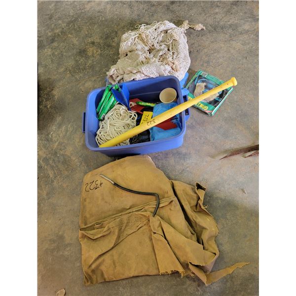 Plastic ball bat; lawn darts; light sticks; COLEMAN stove bread toaster; new 2-person tent; fire sta