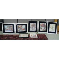 Lot of 7 framed prints: 5 of vase with flowers; 2 with collector's items (700)