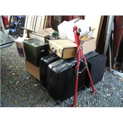 Lot of: luggage, file boxes, camera cases, trailer hitch, etc.