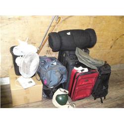 Lot of: fan, luggage, sleeping bags, canes (104)