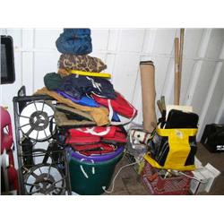 Lot of: propane cooker, life jackets, Come-Along, axes, shovels, etc. (104)