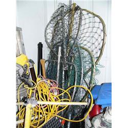Lot of: fishing nets, crock pot, umbrella, cooler, Smoking Joe, etc. (104)