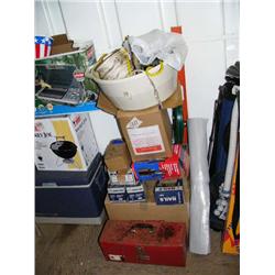 Lot of: nails, red tool box with various tools, ropes, etc. (104)