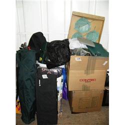 Lot of: gold clubs, assorted outdoor gear, boxes of miscellaneous items (104)