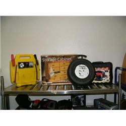 Lot of: 2 emergency roadside kits, small oak storage cabinet, emergency start jumper box with compre