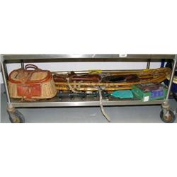 Lot of: fishing gaff, shot gun cleaning kit, pair of snow shoes, fly tying kit, fishing krill, shoul