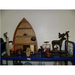 Lot of: small wooden boat shelf, small wooden keepsake box, wolf night light, 2 small metal moose ca