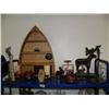 Image 1 : Lot of: small wooden boat shelf, small wooden keepsake box, wolf night light, 2 small metal moose ca