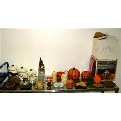 Whole shelf of: box of Christmas tree ornaments, Presto Pressure Canner and Cooker, 2 wooden pumpkin