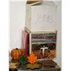 Image 4 : Whole shelf of: box of Christmas tree ornaments, Presto Pressure Canner and Cooker, 2 wooden pumpkin