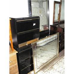 3-piece black lacquer set and brass framed mirror (101)