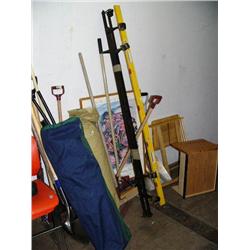 Lot of: folding chairs, yard tools, level, picture (101)