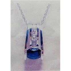 Sapphire and Diamond Pendant and Chain 14 K white gold- sapphire is oval, faceted, approx. 0.75 cara