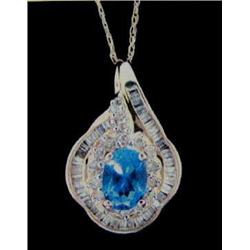 Blue Topaz and Diamond Pendant and Chain 14 K yellow gold- blue topaz is oval, faceted, approx. 1.00