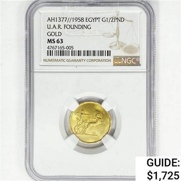 AH1377//1958 Egypt .1196oz Gold 1/2PND NGC MS63