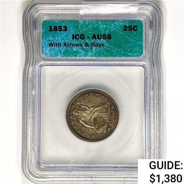 1853 Seated Liberty Quarter ICG AU58 W/ ARWS&Rays
