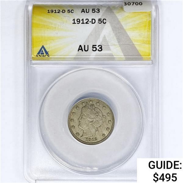 1912-D Liberty Victory Nickel ANACS AU53