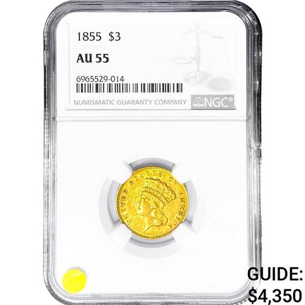 1855 $3 Gold Piece NGC AU55