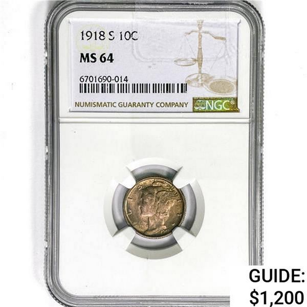 1918-S Mercury Silver Dime NGC MS64