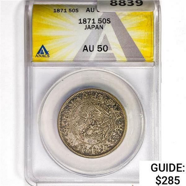 1871 Japan 50 Sen .3215oz. Silver ANACS AU50